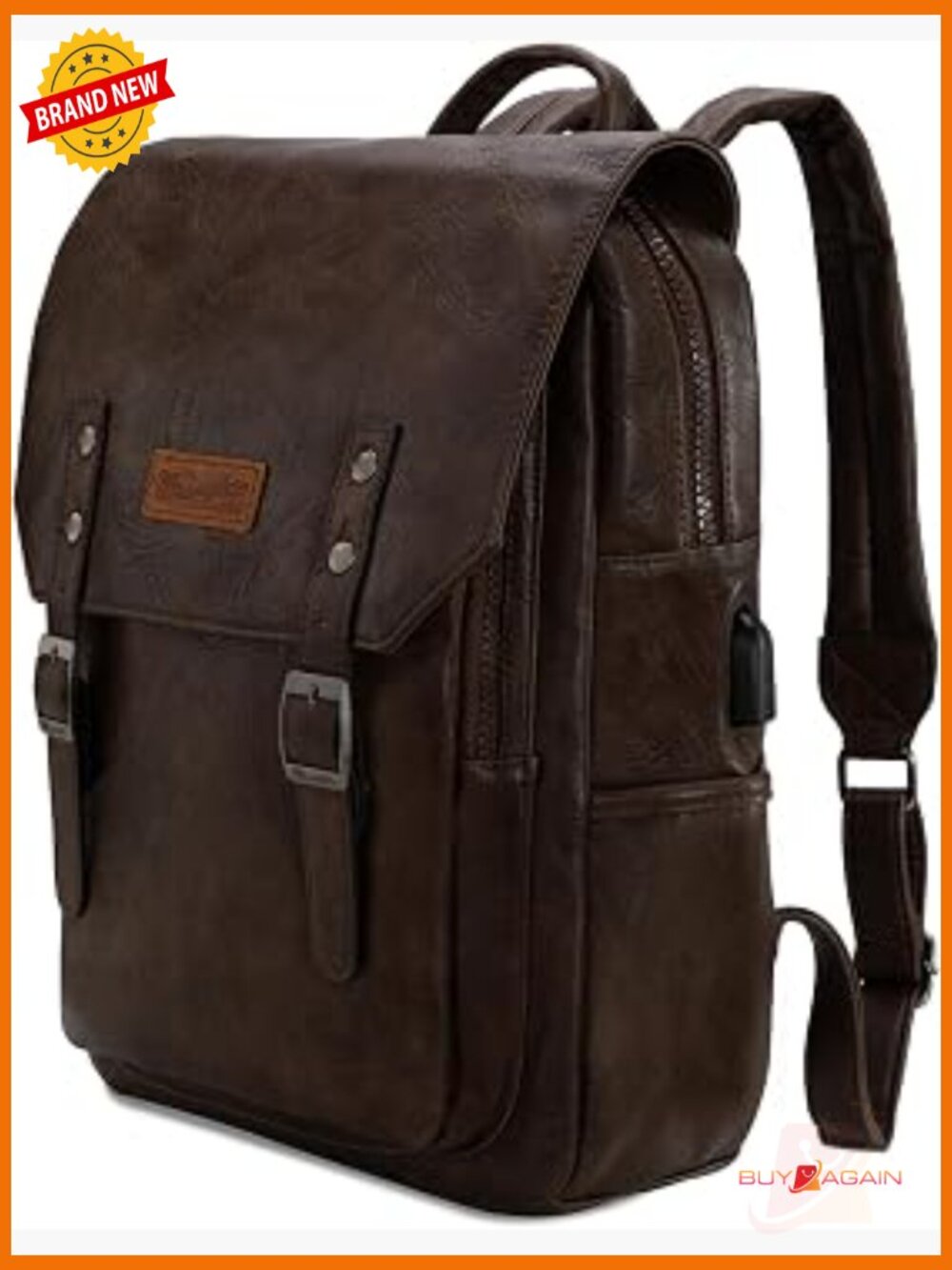 Vintage Laptop Backpack with USB Port, PU Leather, Fits 17.3"